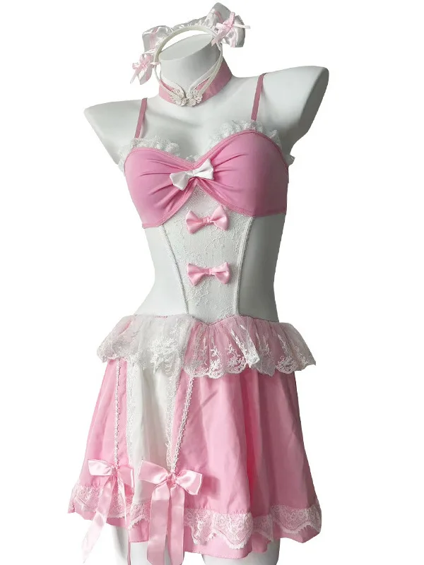 Moda esotica estate ragazza carina dolce bellezza servo fiocco senza schienale decorazione modello in pizzo a rete elegante abito con collo appeso LHIV