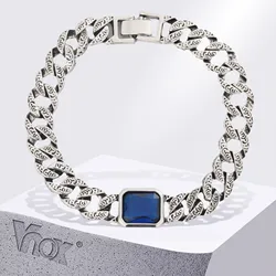 Vnox 9mm Width Monogramed Cuban Chain Bracelets for Men, Geometric Square Blue CZ Stone Charm Bracelets, Chunky Heavy Wristband