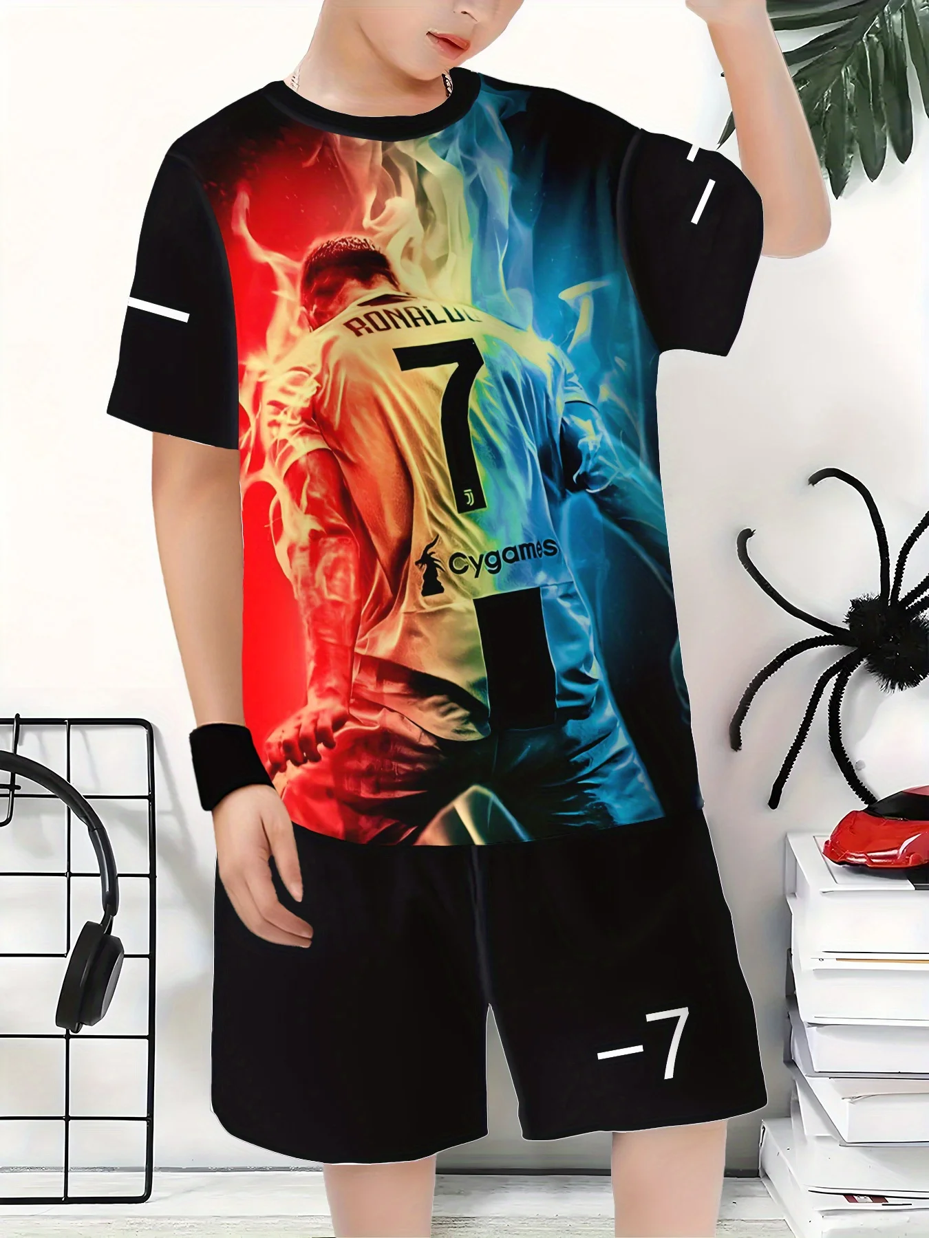 

Новый красивый футбольный топ с 3D-принтом 7, шорты с короткими рукавами, комплект из двух предметов для летней повседневной и уличной одежды