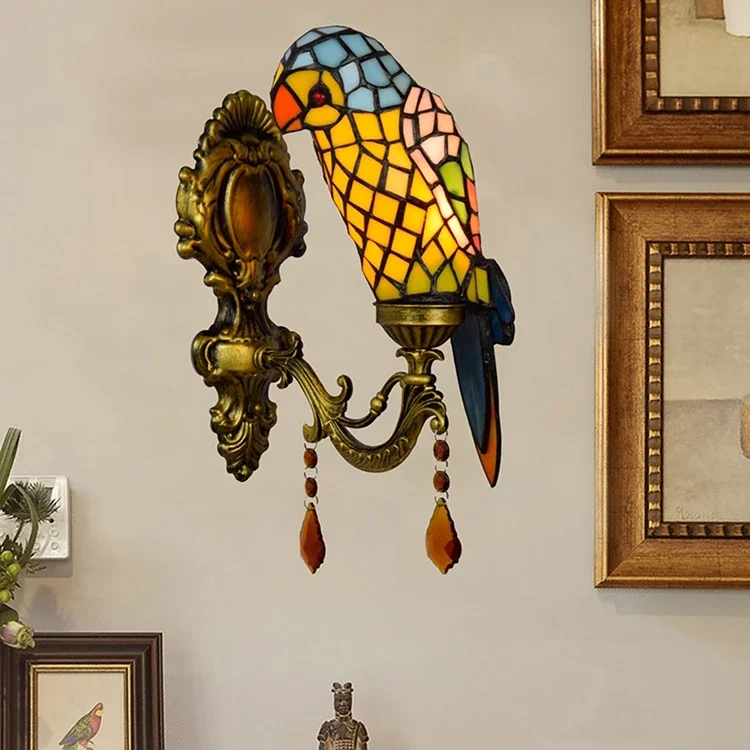 Creative Retro Parrot Bar Corridor Crystal Wall Lamp Tiffany Stained Glass Living Room Restaurant Bedroom Bedside Mirror Lamps