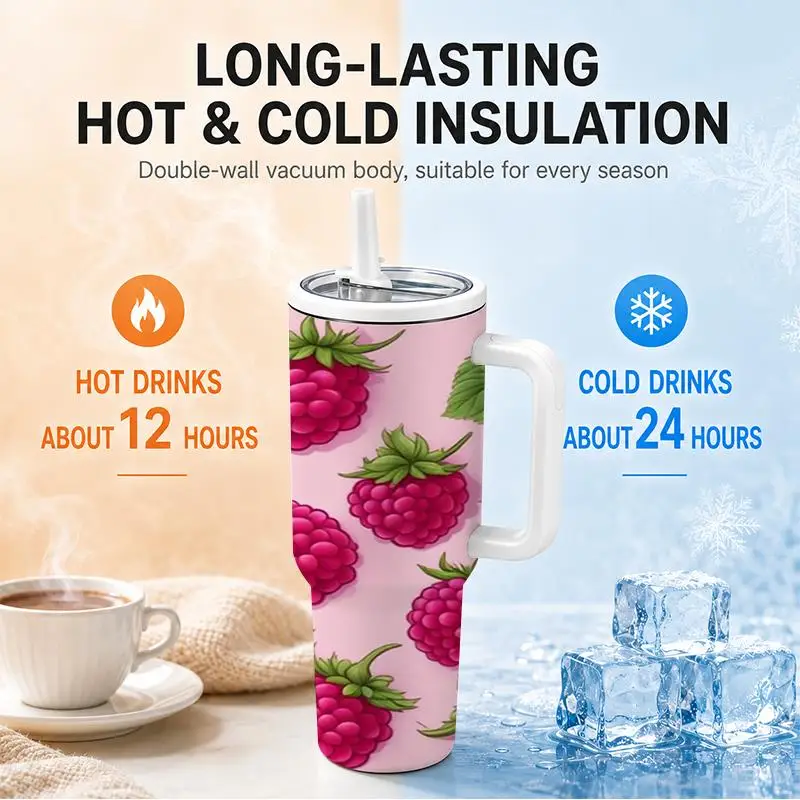 1pc 40oz 304 Stainless Steel Hand-held Cup Pink Raspberry Fruit Pattern Insulated Tumbler with Handle And Straw for Kitchen Office Outdoor Travel Suitable Gifts for Halloween Christmas And Other Special Festivals