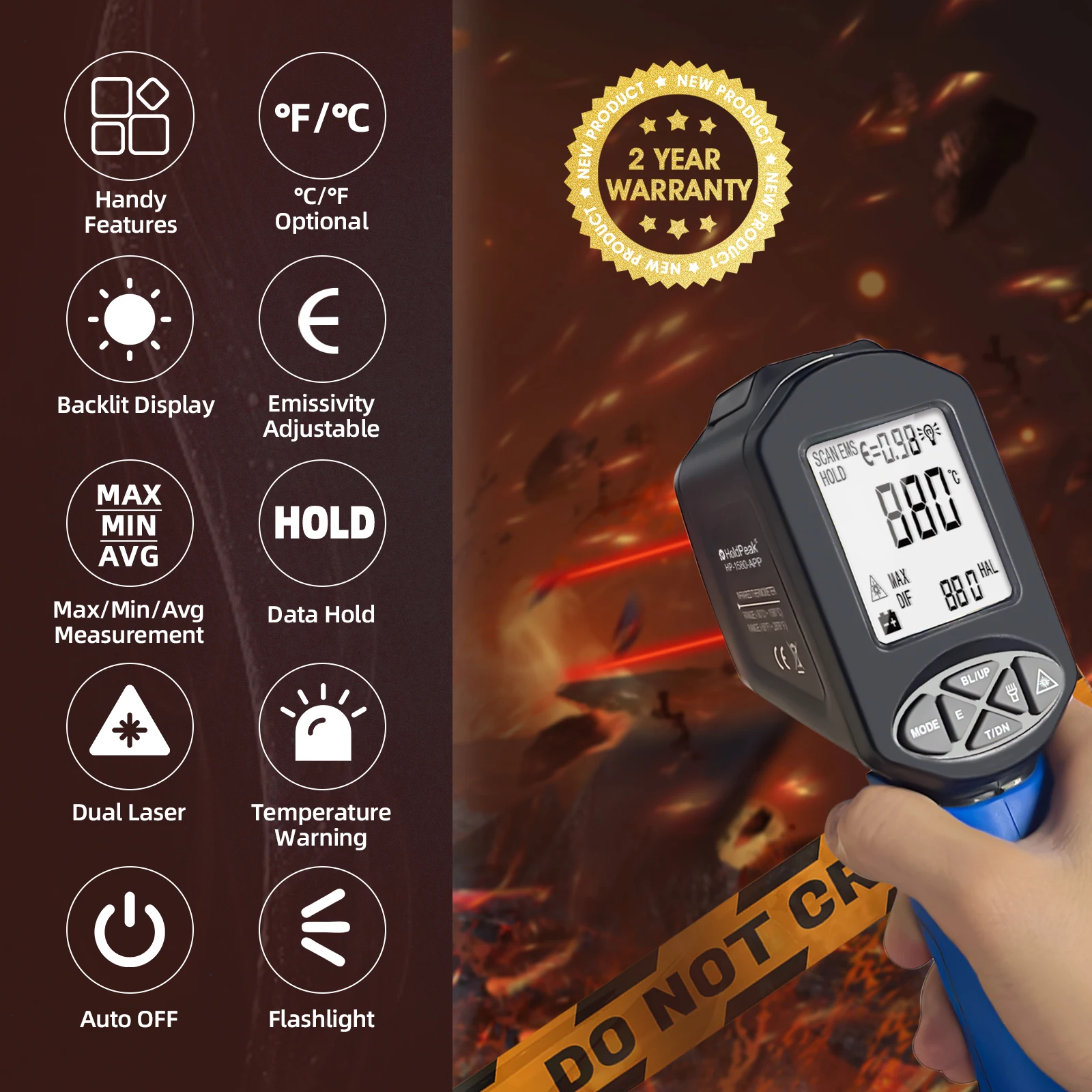 HOLDPEAK Infrared Thermometer -50℃~1580℃ 30:1 D:S Laser Temperature Gun with Data Record Backlit for Industrial HVAC Electrical