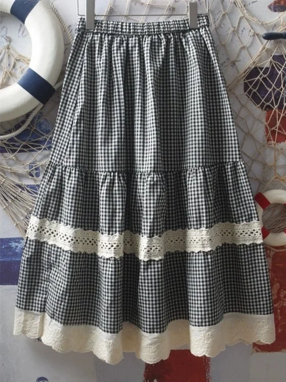 

Summer High Waist A-Line Skirt Women's Pure Cotton Gingham Pattern Lace f-length Skirts Soft Sle Cake Lace Design