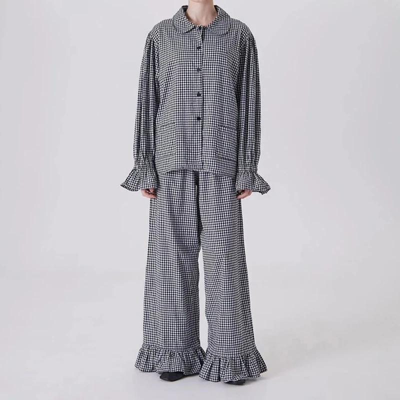 

Spring Autumn Fashion Plaid Suit Women Lapel Bell Sleeve Single Breasted Top+high Waist Bell-bottoms Female Casual Two Piece Set