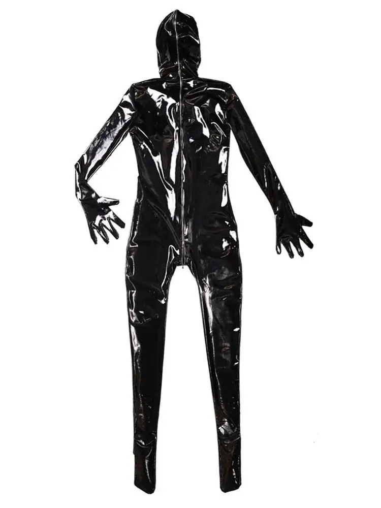 Wet Look PVC Catsuit Shiny PU Leather 4 Zipper Open Crotch Bodysuit Tights Full Coat Zentai Separate Finger Bodystocking Leotard