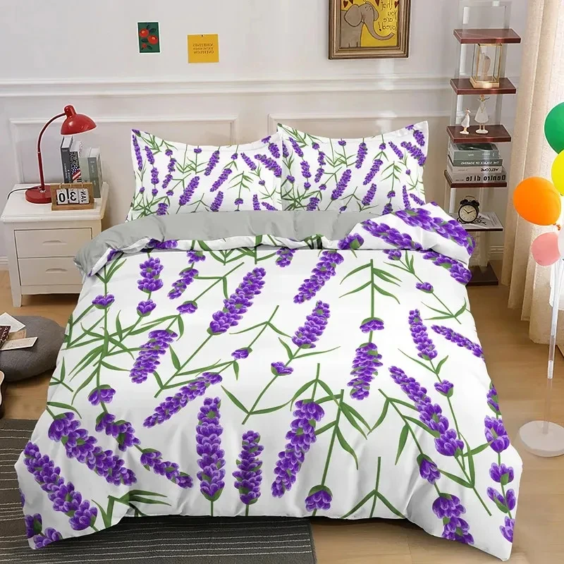 Botanical Lavender Duvet Cover Queen Purple Floral Bedding Set Microfiber Violet Lavender Flowers Comforter Cover for Girl Boys