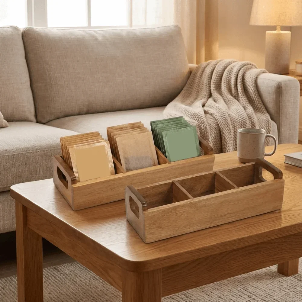 Wooden Tea Bag Storage Box 3 Slots Large Capacity Tea Bag Holder Dual Side Handles Sugar Packet Storage Box Office