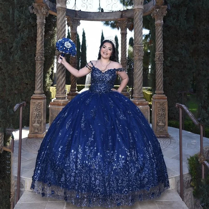 Luxo azul marinho querida quinceanera vestido 2023 apliques rendas cristal aniversário vestidos de baile doce 16 vestido espartilho