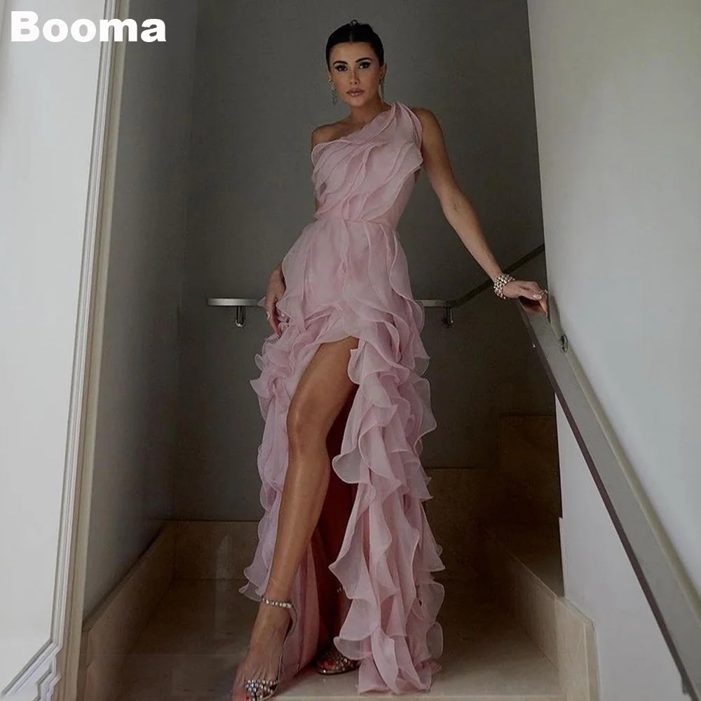 Booma Pink A-line Prom Dresses One Shoulder Ruffles Orgazan Wedding Party Gowns High Side Slit Women's Evening Dress Customized