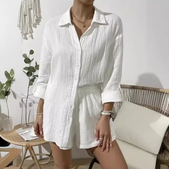 

Лето 2022, женская мода, белая рубашка с длинными рукавами и шорты, комплект из двух предметов для женщин, повседневный свободный комплект из двух предметов в стиле поездок на работу