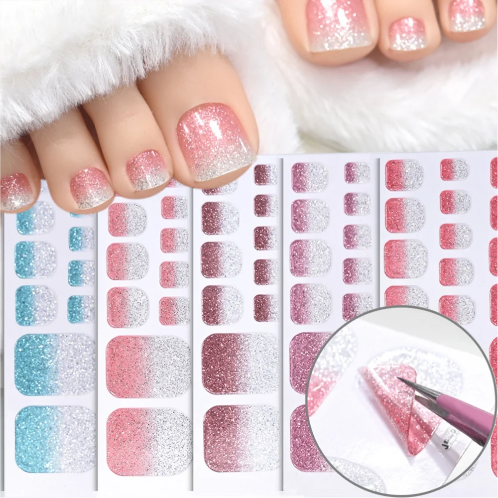 22Tips Pink Silver Gradient French Glitter Toenail Wraps Self-Adhesive Shiny Toenail Stickers Full Cover Baking Free Nail Strips