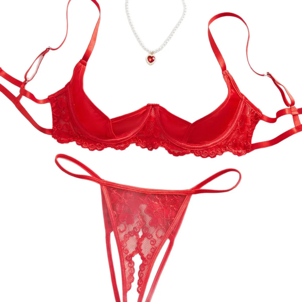 2026 Red Bra Sexy Underwear Lingerie Sets Crotchless Open Lace Panty Erotic Sui…