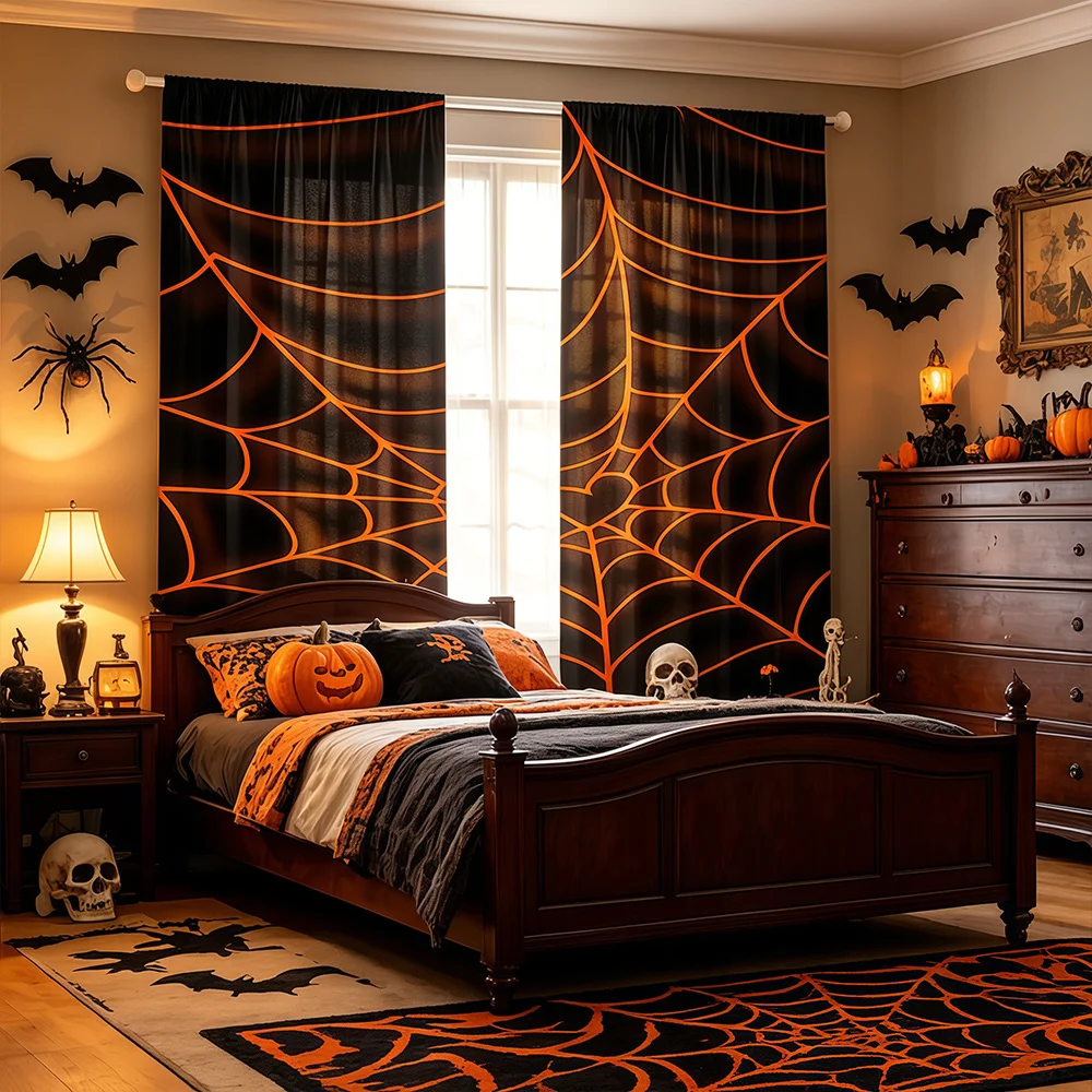 2PCS Digital Print Curtains Black Background Orange Spider Web Print Halloween Kitchen Window Drapes