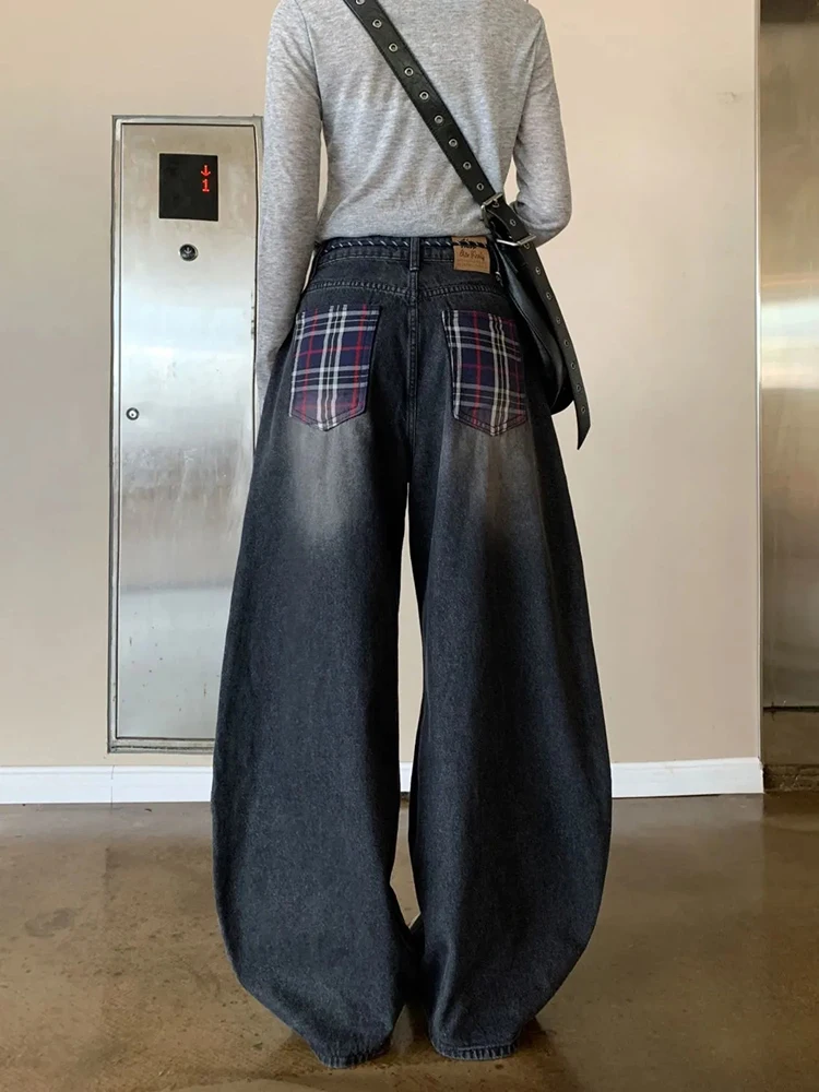 American Plaid Patchwork Women Wide Leg Jeans Autumn High Waist Streetwear Loose Scimitar Trousers Harajuku All Match Denim Pant