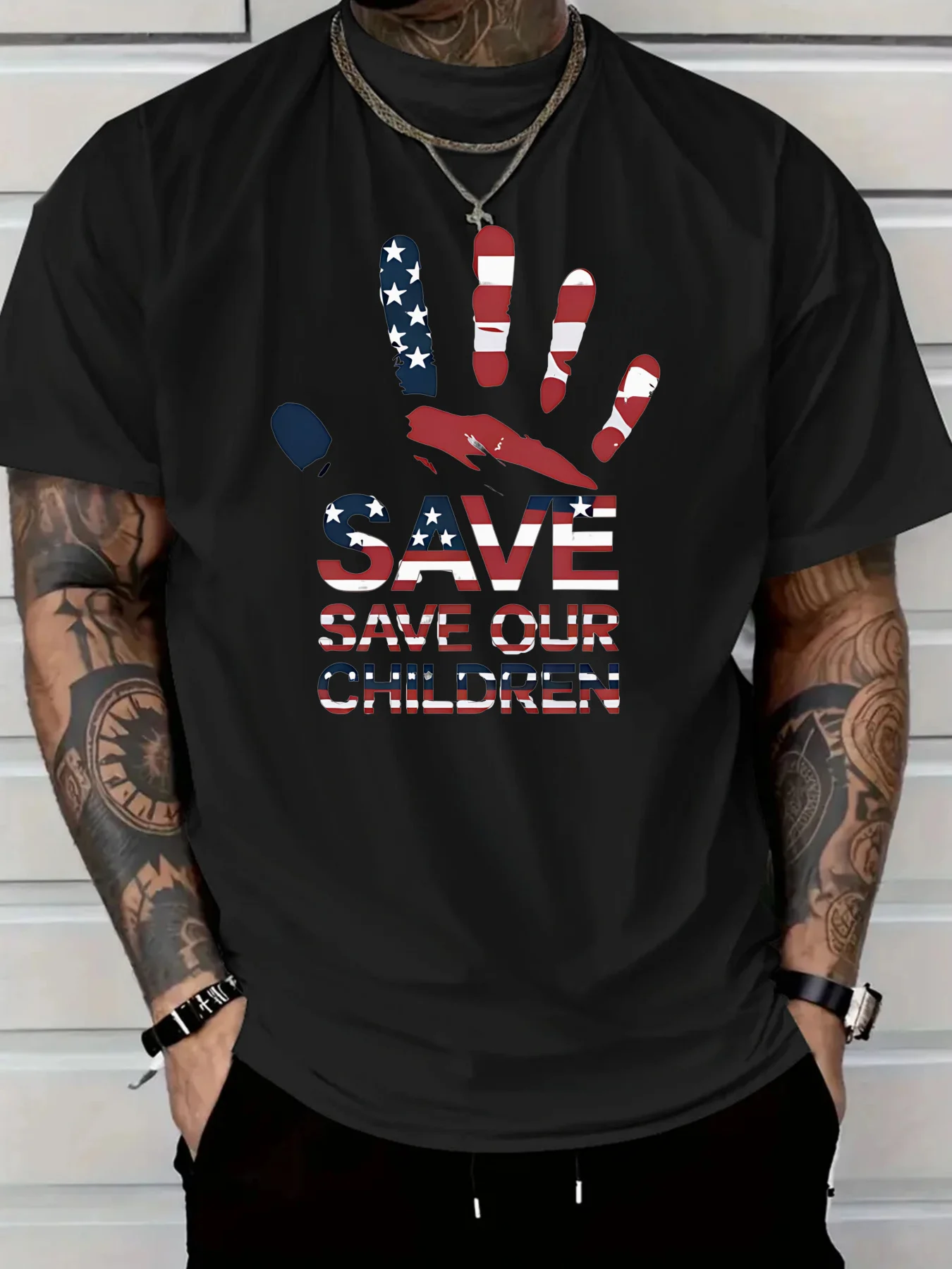 

Men'S Crew Neck Pure Cotton T-Shirt with American Flag Handprint SAVE OUR CHILDREN Design for Patriotic Events