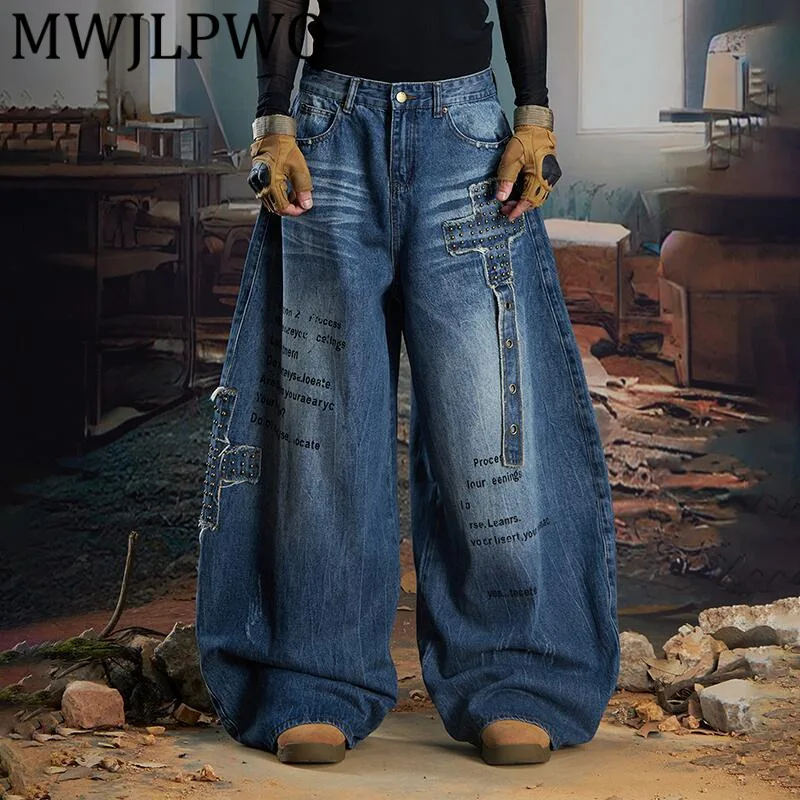 

MWJLPWQ мужские деконструированные лоскутные джинсы-мачете, винтажные брюки унисекс с заклепками и кошачьими усами, потертые широкие брюки унисекс, уличные 11937