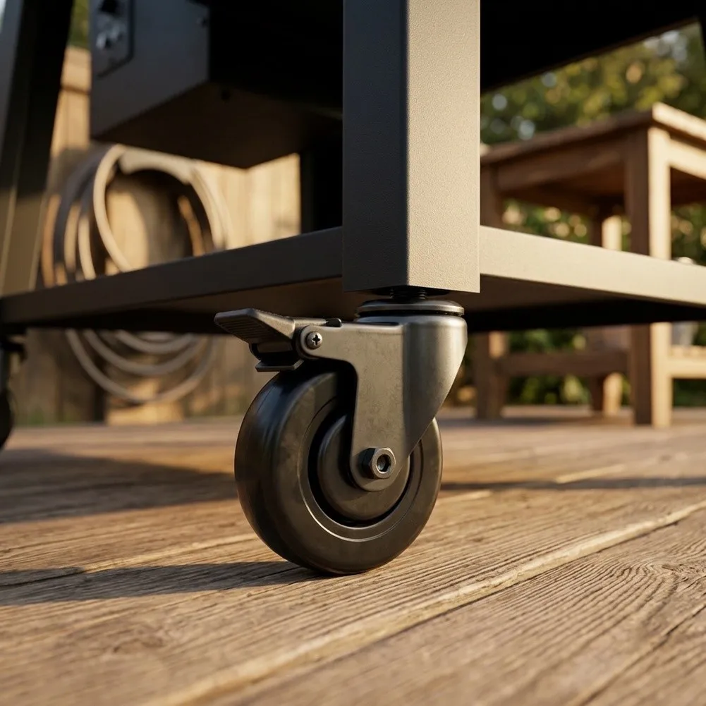Locking Caster Wheels for Pellet Grills Designed as Direct Replacement Units for Grills with 3/4 Inch Mounting Interface