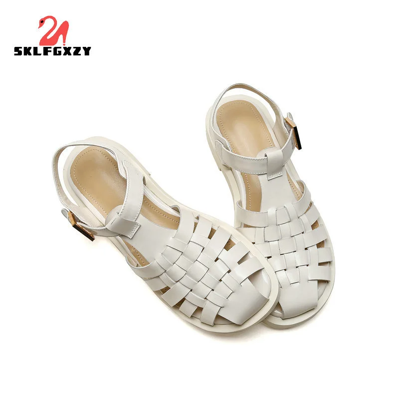 

2022 Women Summer Sandals Retro Rome Weave Genuine Leather Thick Heels Working Casual Shoes Woman Pumps Gladiator Shoes