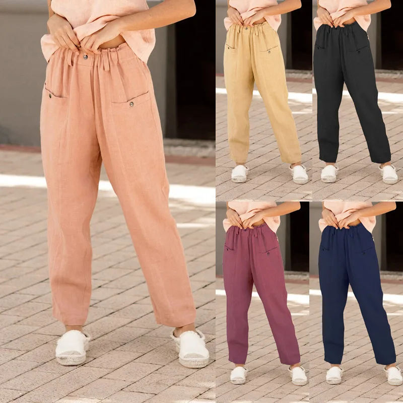 

COtton Linen Pants Women Button Baggy Casual Pant Spring Summer Korean Streetwear Fashion Clothes Trousers Pantalon Pour Femme