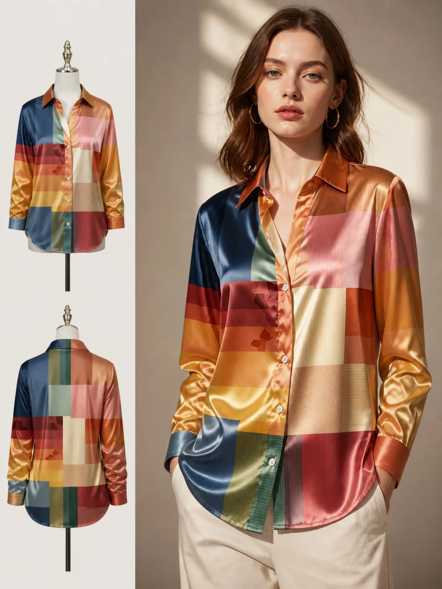 

Multi Color Patchwork Satin Blouse for Women Long Sleeve Button Down Shirt Retro Office Casual Top