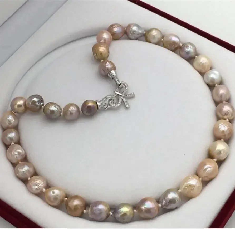 

New AA12-13 mm real natural rainbow of south sea pearl necklace 19inchBeautiful butterfly clasp no box