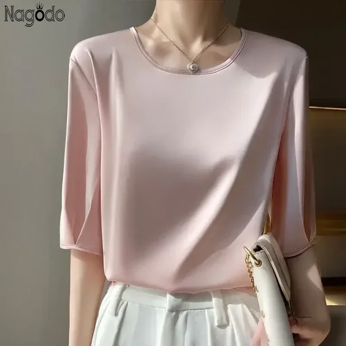 Imagen 1 del producto Blusa de satén para mujer, camisa holgada sedosa de media manga, tops informales, Camiseta lisa con cuello redondo, ropa para mujer