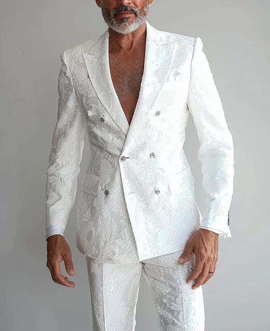 

Men's White Embroidered Double Breasted Suit Trousers Suit Wedding Party Prom Formal Jacquard Blazer With Pants Fashion Outfit