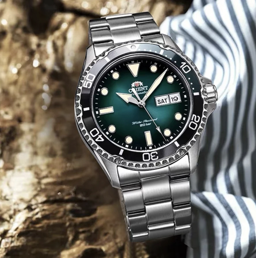 ساعة أورينت مزدوجة الأسد ميكانيكية أوتوماتيكية بالكامل للرجال ساعة شبح الماء الأخضر ساعة غوص رجالية أصلية مستوردة