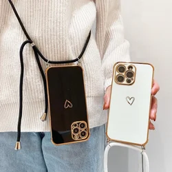 Electroplating Love Heart Crossbody Lanyard Phone Case For IPhone 17 16 Pro Max 15 14 13 12 11 Xr SE2/SE3 Shockproof Back Cover