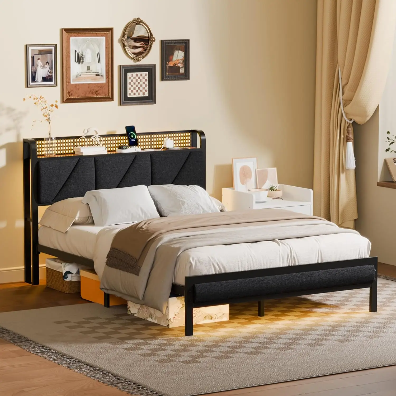 

Equipped with LED lights, headboard, charging station and USB port, cushioned platform bed frame, countryside brown color