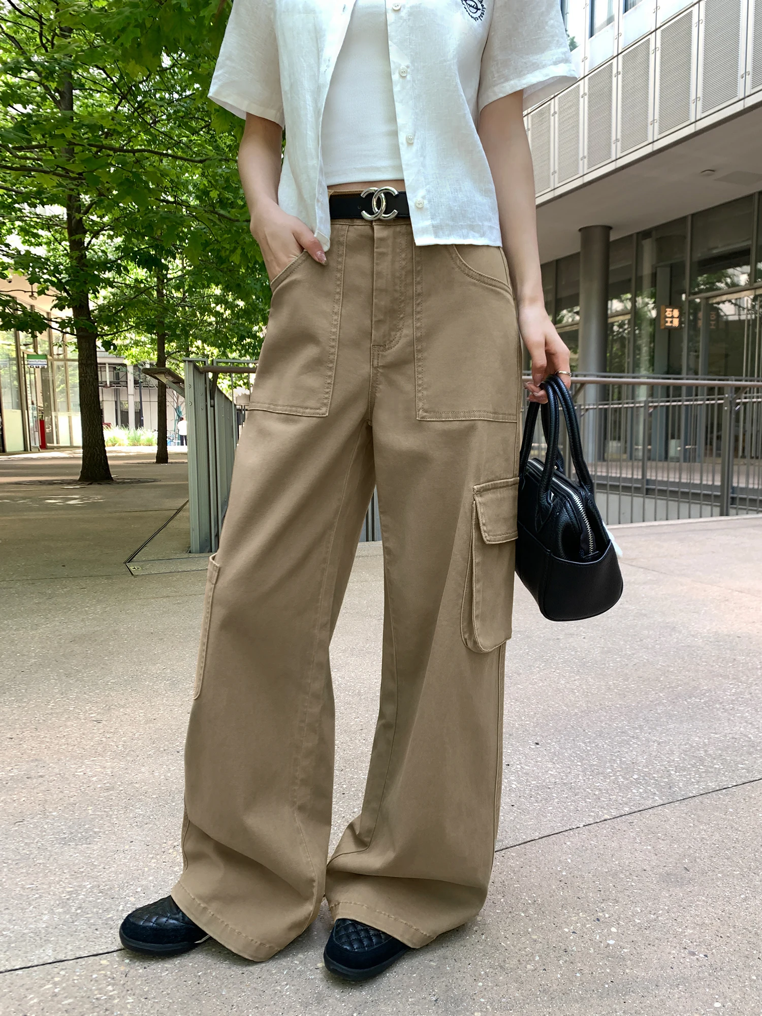 

Pusumede Khaki Colored Workwear Denim Pants Women Loose Straight Leg Wide Leg High Waist Casual Length Pants