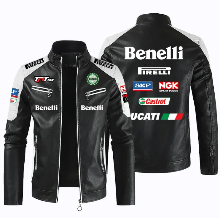 2023BENELLI Logo na samochód kurtka ze skóry sztucznej motocyklowy patchworkowy kurtki motocyklowe w stylu Casual, na zamek błyskawiczny płaszcz męski kurtka motocyklowa