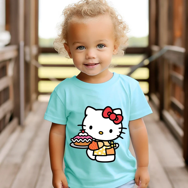 

HeIIoKitty printed kids T-shirt Summer children's cotton short-sleeved suitable for boys and girls blue casual tops