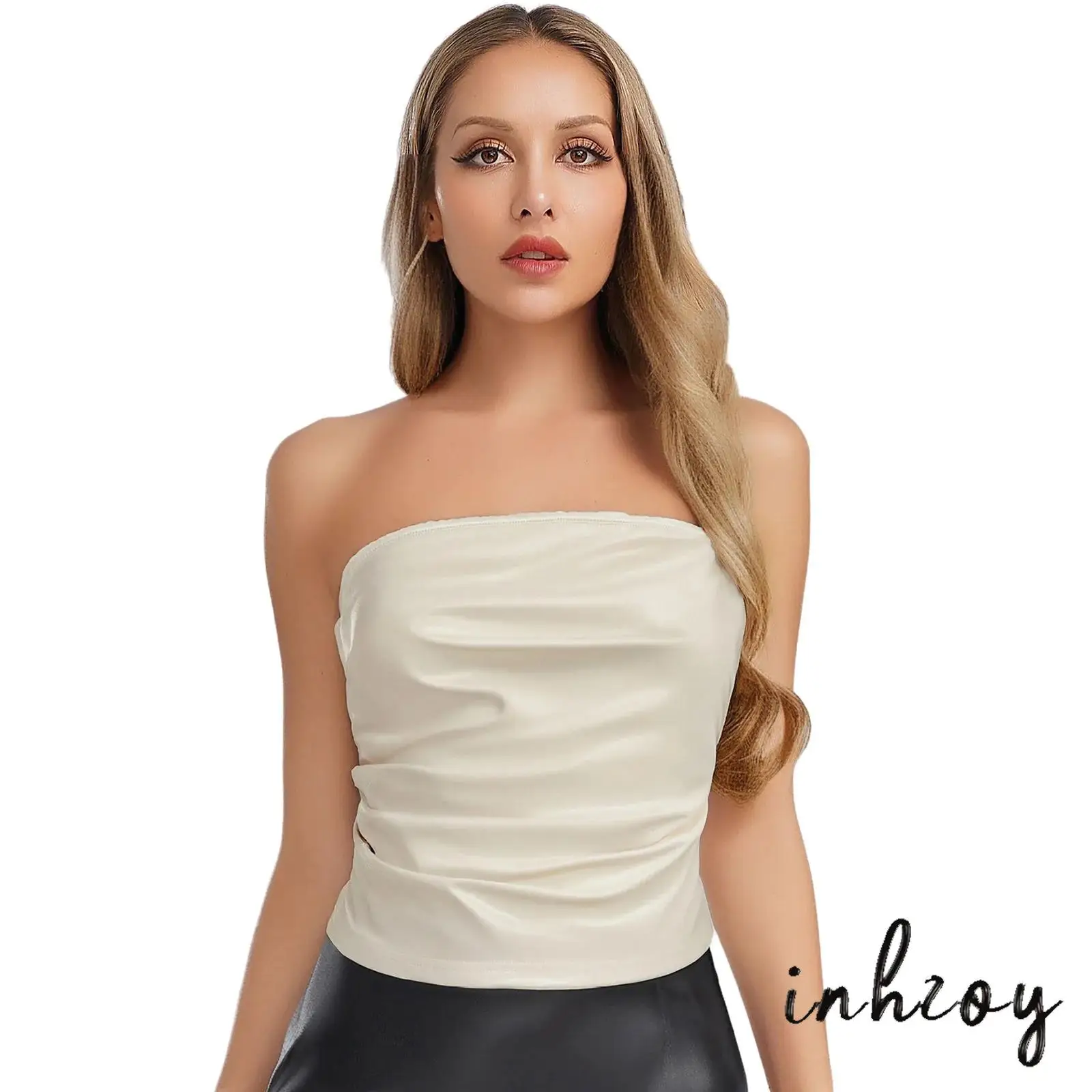 

Womens Faux Leather Sexy Tube Tops Strapless Ruched Crop Tops Solid Color Bandeau High Street Top for Street Club Rave Party Bar