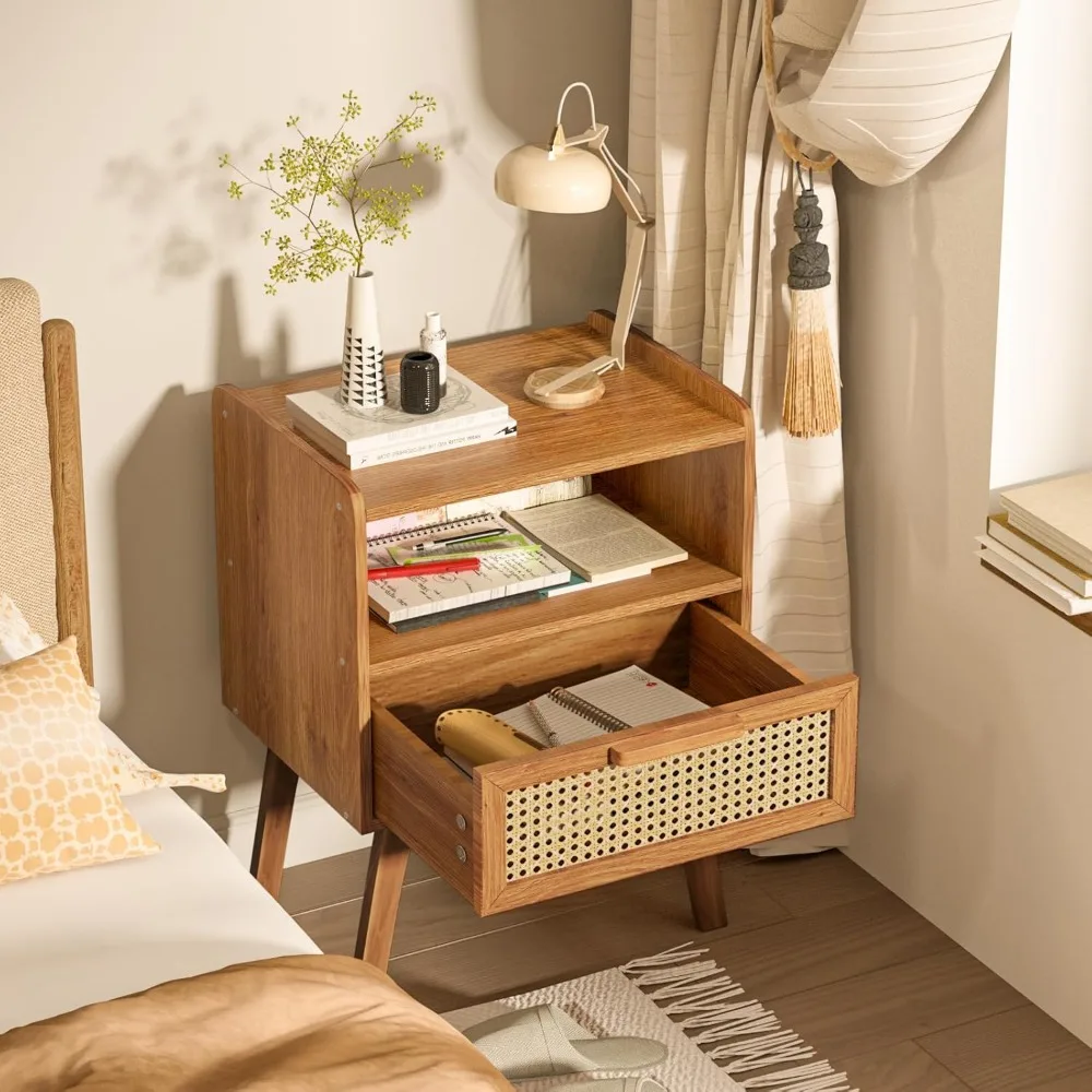 라탄 나이트스탠드, 서랍이 있는 사이드 테이블, 오픈 선반이 있는 케인 액센트 침대 옆 테이블, 견고한 나무 다리가 있는 미드 센추리 스타일