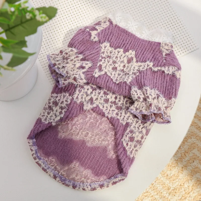 Pet Dog Warm Clothes Winter-weight Teddy Bottoming Shirt  Lace-trim Maltese Pullover Soft Two-piece Clothing  XS-XL