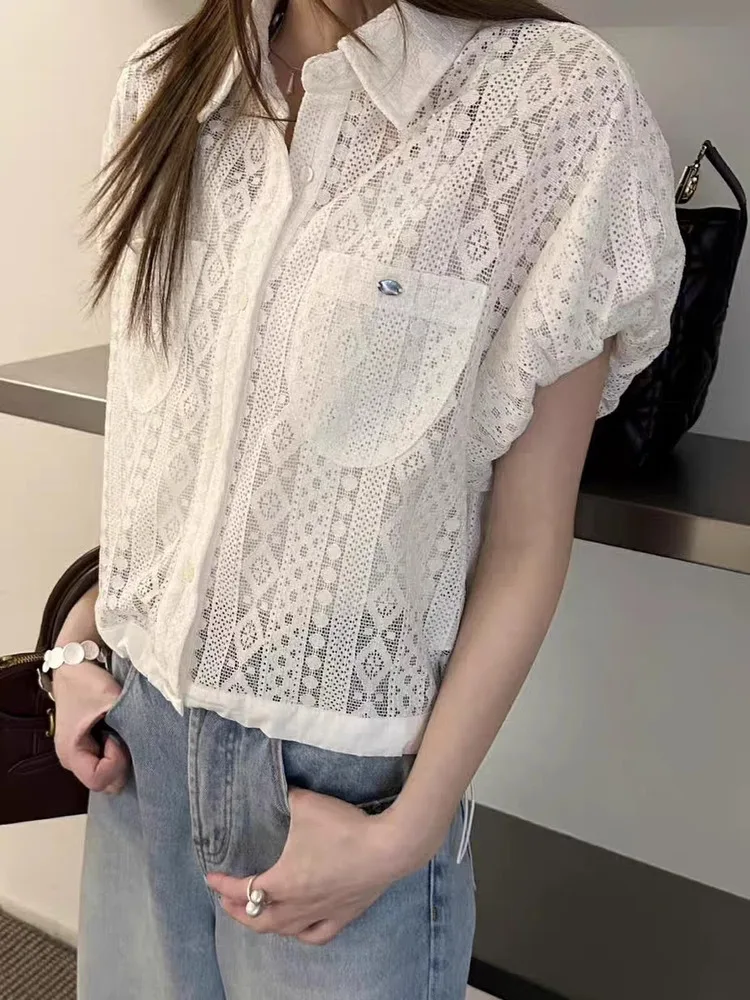 Geborduurd kant irt dameskraag los uitgehold zoete jeugdige bloei Sve top katoen zomer ort Sve