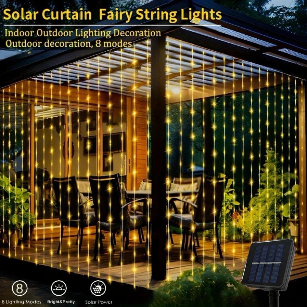 

3M Solar LED Curtain Lights - 8 Modes Fairy String Lights for Window, Garden, Wedding, Christmas Decor