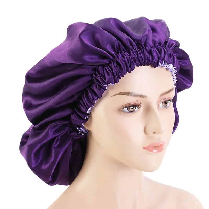 New Fshion Women Satin Night Sleep Cap Hair Bonnet Hat Silk Head Cover Wide Elastic Band Hair Bonnet for Sleeping