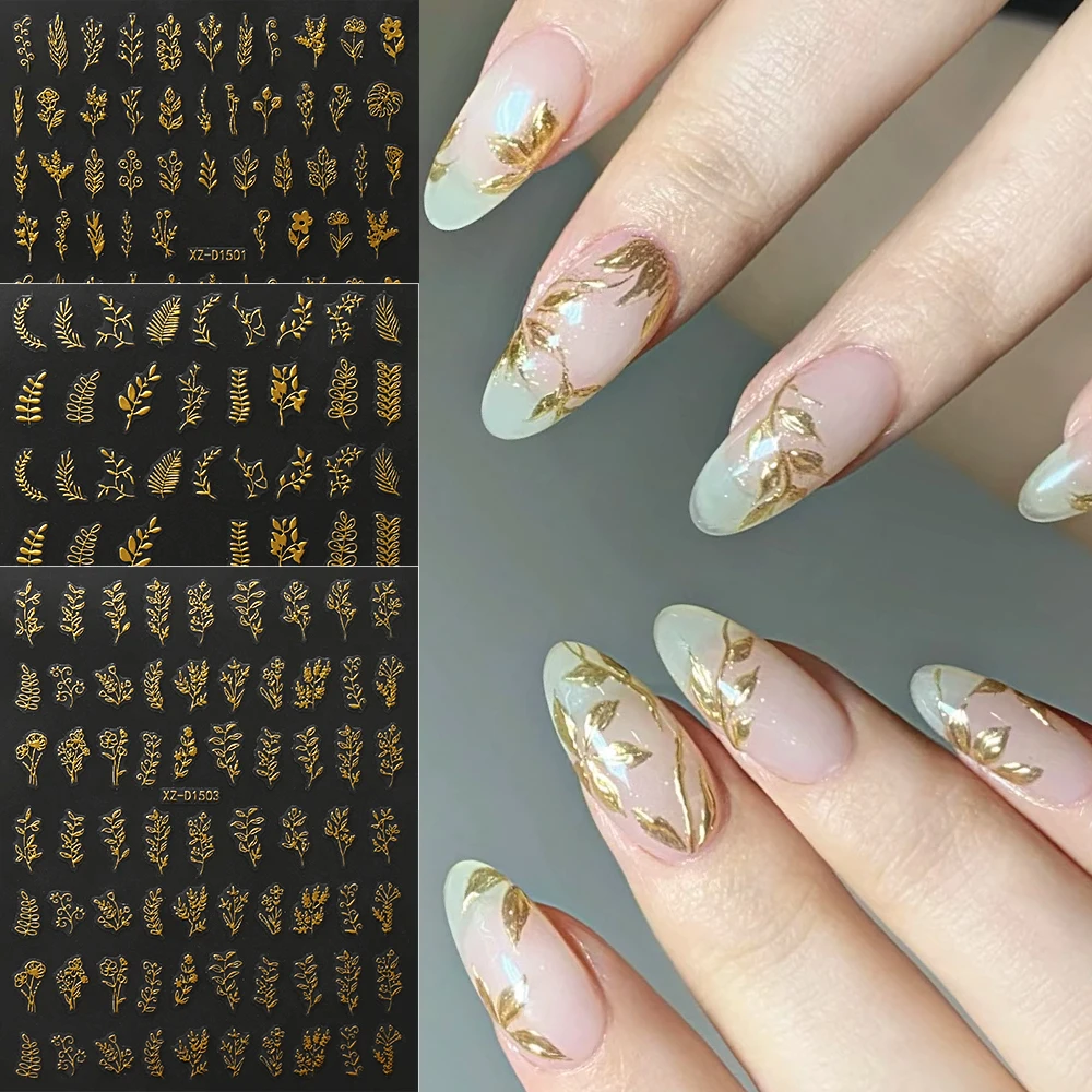 12Pcs Black Gold Bronzing Leaves Nail Stickers Holographic Floral Laser Nail Foils Decals Flower Leaf Manicure Tips Decorations