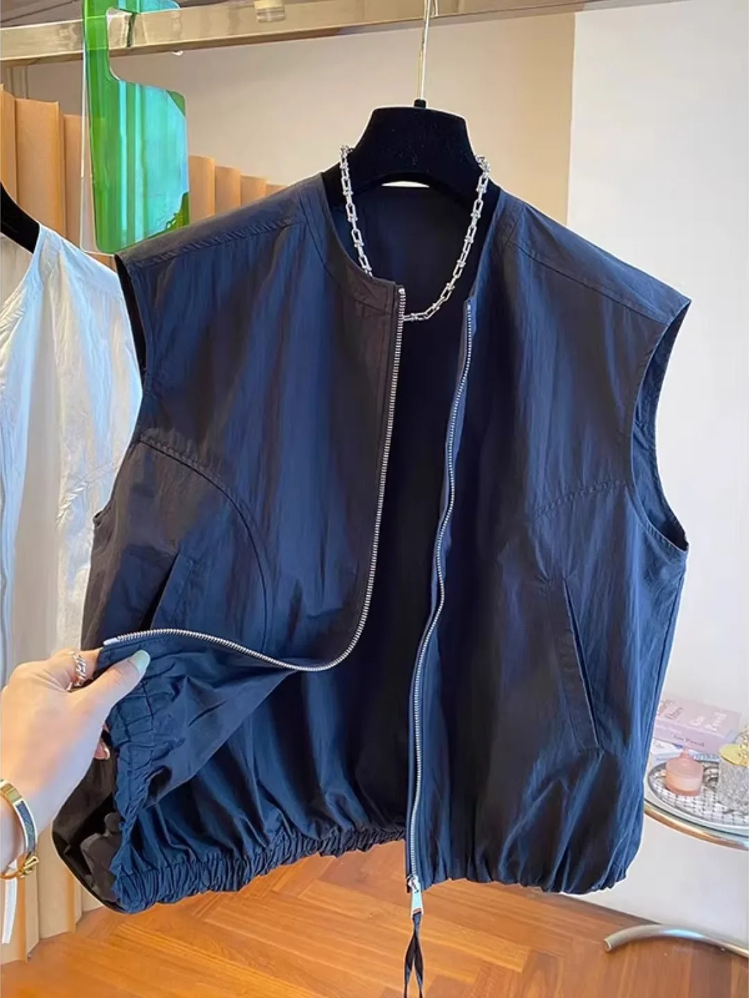 Women's Workwear Zipper Vest Jaet Summer High-End Loose Layering Svel oulder Pad round Ne Tank Top