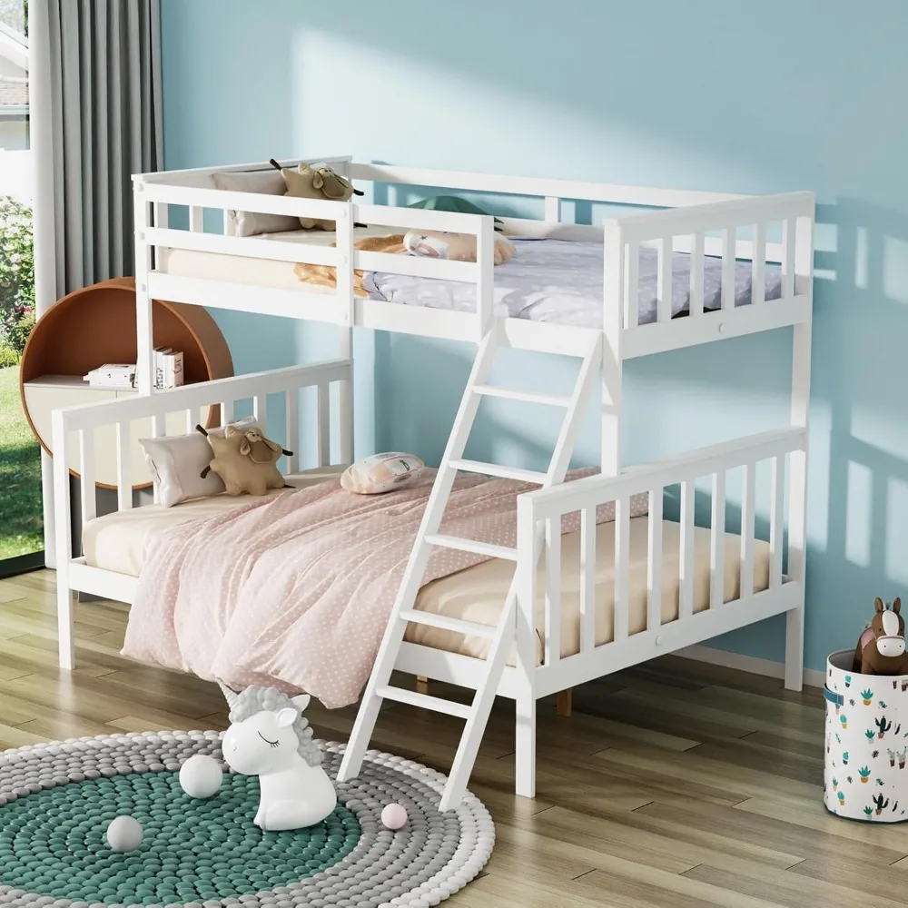 Full Bunk Bed for Kids Children Teens Adults, Solid Wood Bunk Bed Frame with Ladder and Guard Rail Space Saving, Children Beds