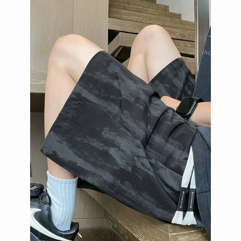 Patchwork Tie-Dye Ice Silk Shorts For Men Summer Loose-Fit Cooling Casual Mid-Length Pants Trendy Outerwear Cropped Pants