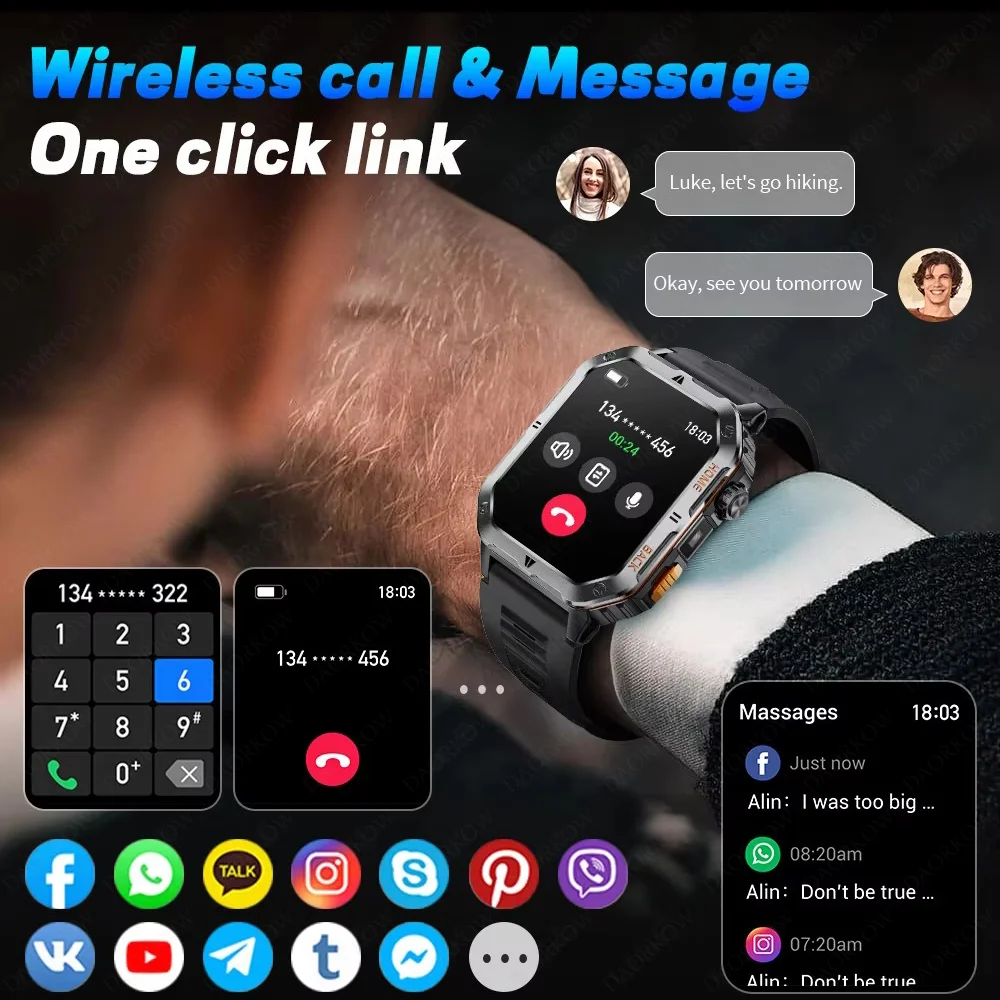 Eine 2,01-Zoll-Smartwatch für Herren, 1000-mAh-Akku-Taschenlampe, über 100 Übungsherzfrequenz, Bluetooth-Anruf-Smartwatch für iOS und Android