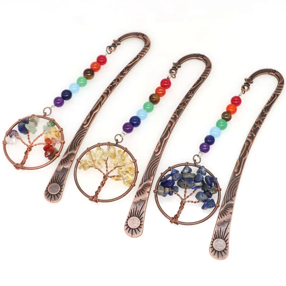 7 Chakra Vintage Metal Bookmark Natural Stone Heling Crystal Tree of Life Book Mark Craft for Student Teacher Christmas Gifts