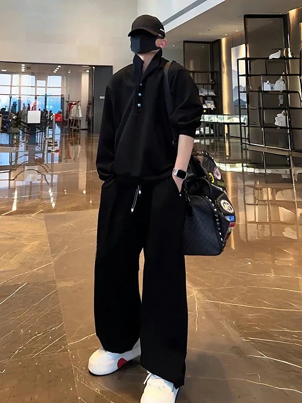 

Spring New Style Men's Sweatshirt Wide Leg Pants Set Loose Casual Sport Two Piece Set Polp Collar Cotton Polyester Blend