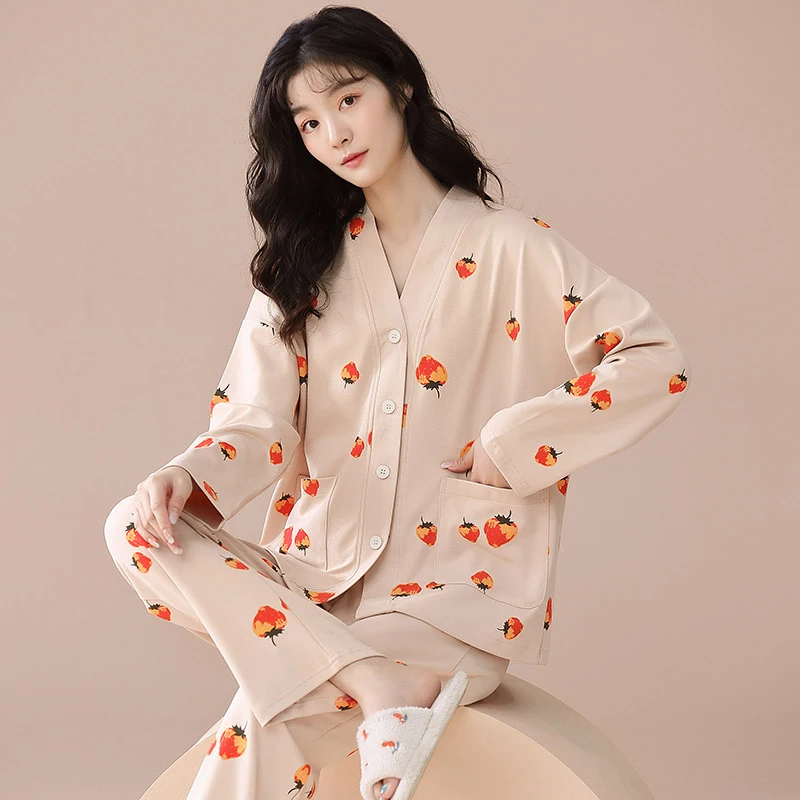 Pink Strawberry Pajamas Set Women Sleepwear Long Sleeves Long Pants Autumn Winter Cute Pyjamas Girl Pijamas Soft Cozy Nighty Pjs