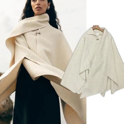 Maxdutti Casual Commuter Buckle Design Cape Shawl Woolen Coat For Women Double Sided Wool Cloak Cape Jacket Winter