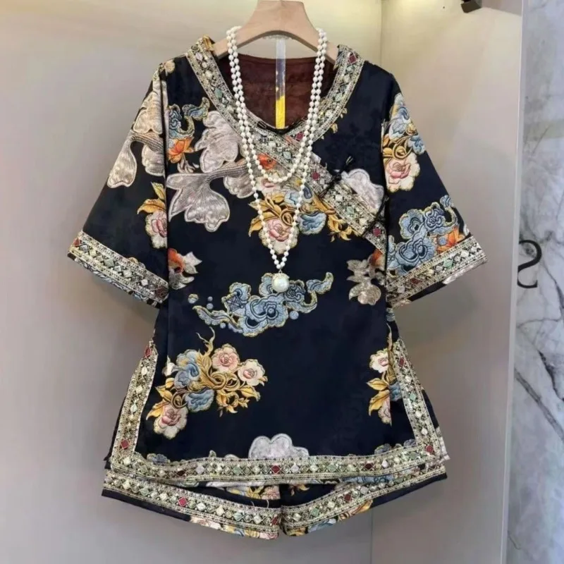 

Summer New Printing Technology Womens Two Peice Sets Korean Fashion Loose Shirts and Versatile Shorts Set Plus Size