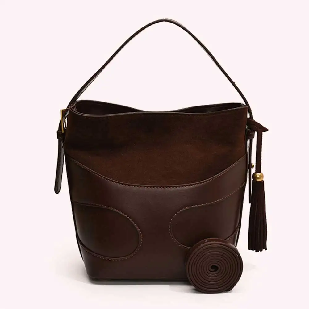 

Women Faux Suede Bucket Bag Patchwork Shoulder Bag Solid Color Fashion Tote Bag Adjustable Strap Vintage Sling Bag Chic Hobo Bag